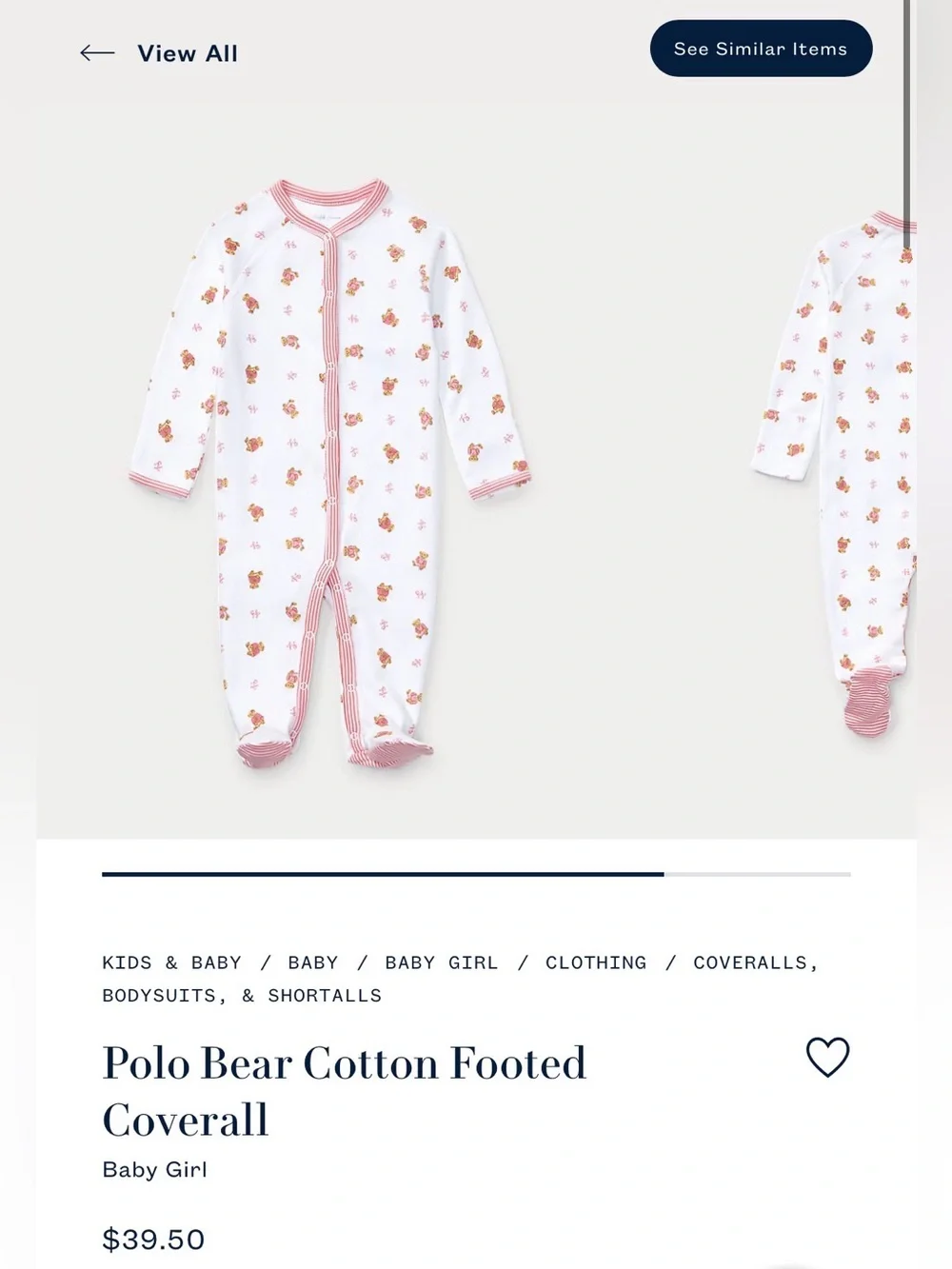 Polo by Ralph Lauren White Footed Coverall with Pink Trim and Bear Print